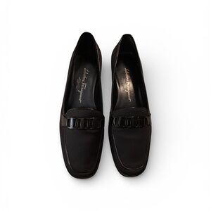 NWOB Salvatore Ferragamo Black Fabric w Chain Loafers for Women Sz 8.5